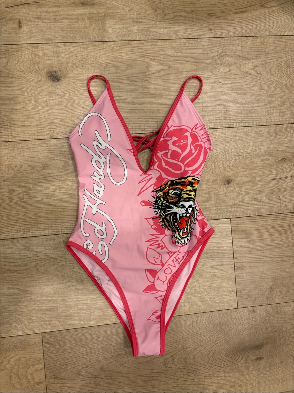 Ed Hardy Pink One-Piece Swimsuit with Tiger Motif